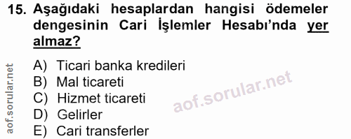 15. soru: Aşağıdaki hesaplardan hangisi ödemeler dengesinin Cari Işlemler Hesabı'nda yer almaz? A) Ticari banka kredileri B) Ma…