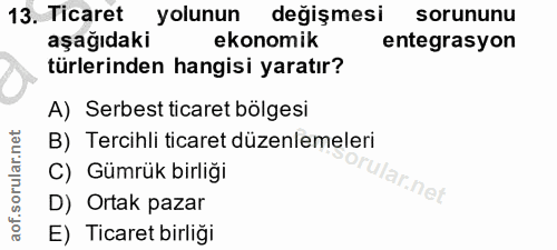 13. soru: Ticaret yolunun değişmesi sorununu aşağıdaki ekonomik entegrasyon türlerinden hangisi yaratır? A) Serbest ticaret böl…