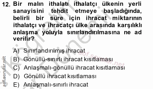 12. soru: Bir malın ithalatı ithalatçı ülkenin yerli sanayisini tehdit etmeye başladığında, belirli bir süre, için ihracat mikt…