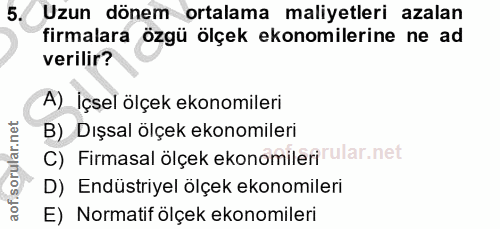5. soru: Uzun dönem ortalama maliyetleri azalan firmalara özgü ölçek ekonomilerine ne ad verilir? A) İçsel ölçek ekonomileri B…