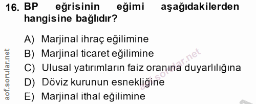 16. soru: BP eğrisinin eğimi aşağıdakilerden hangisine bağlıdır? A) Marjinal ihraç eğilimine B) Marjinal ticaret eğilimine C) U…