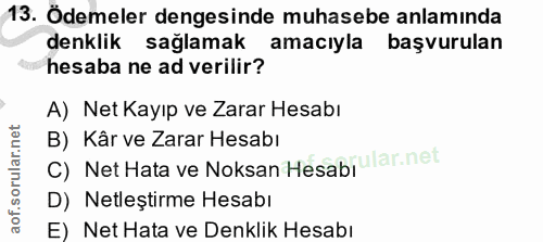 13. soru: Ödemeler dengesinde muhasebe anlamında denklik sağlamak amacıyla başvurulan hesaba ne ad verilir? A) Net Kayıp ve Zar…