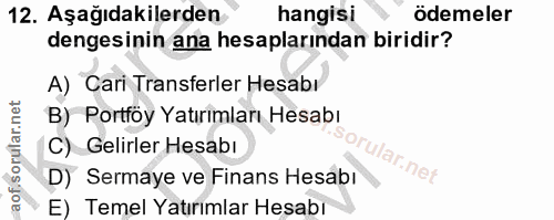 12. soru: Aşağıdakilerden hangisi ödemeler dengesinin ana hesaplarından biridir? A) Cari Transferler Hesabı B) Portföy Yatırıml…