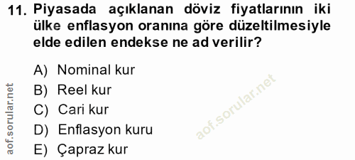 11. soru: Piyasada açıklanan döviz fiyatlarının iki ülke enflasyon oranına göre düzeltilmesiyle elde edilen endekse ne ad veril…