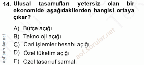14. soru: Ulusal tasarrufları yetersiz olan bir ekonomide aşağıdakilerden hangisi ortaya çıkar? A) Bütçe açığı lar.net B) Tekno…