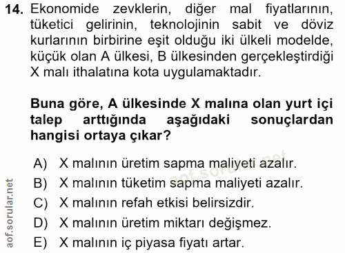 14. soru: Ekonomide zevklerin, diğer mal fiyatlarının, tüketici gelirinin, teknolojinin sabit ve döviz kurlarının birbirine eşi…