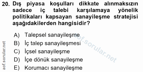 20. soru: Dış piyasa koşulları dikkate alınmaksızın sadece iç talebi karşılamaya yönelik politikaları kapsayan sanayileşme stra…