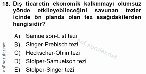 18. soru: Dış ticaretin ekonomik kalkınmayı olumsuz yönde etkileyebileceğini savunan tezler içinde ön planda olan tez aşağıdaki…