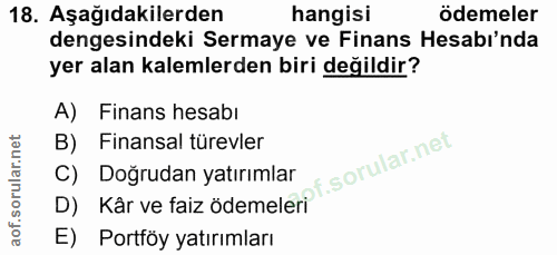 18. soru: Aşağıdakilerden hangisi ödemeler dengesindeki Sermaye ve Finans Hesabı'nda yer alan kalemlerden biri değildir? A) Fin…