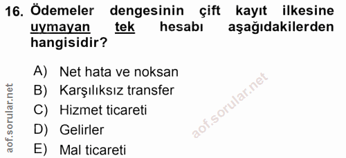 16. soru: Ödemeler dengesinin çift kayıt ilkesine uymayan hesabı aşağıdakilerden hangisidir? A) Net hata ve noksan B) Karşılıks…