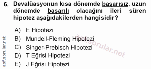 6. soru: Devalüasyonun kısa dönemde başarısız, uzun dönemde başarılı olacağını ileri süren hipotez aşağıdakilerden hangisidir?…