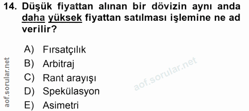14. soru: Düşük fiyattan alınan bir dövizin aynı anda daha yüksek fiyattan satılması işlemine ne ad verilir? A) Fırsatçılik B)…