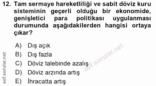 12. soru: Tam sermaye hareketliliği ve sabit döviz kuru sisteminin geçerli olduğu bir ekonomide, genişletici para politikası uy…