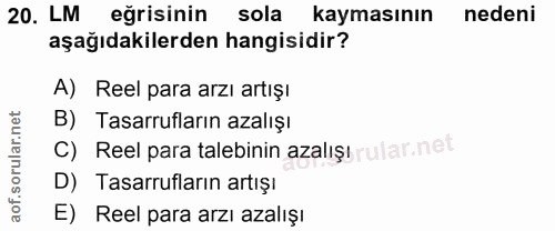 20. soru: LM eğrisinin sola kaymasının nedeni aşağıdakilerden hangisidir? A) Reel para arzı artışı B) Tasarrufların azalışı C)…