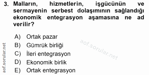 3. soru: Malların, hizmetlerin, işgücünün ve sermayenin serbest dolaşımının sağlandığı ekonomik entegrasyon aşamasına ne ad ve…