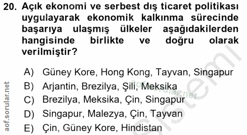 20. soru: Açık ekonomi ve serbest dış ticaret politikası uygulayarak ekonomik kalkınma sürecinde başarıya ulaşmış ülkeler aşağı…