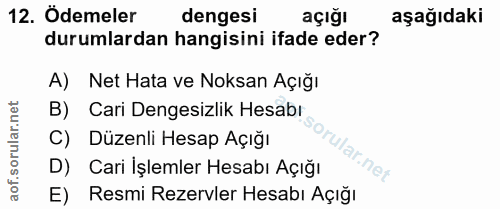 12. soru: Ödemeler dengesi açığı aşağıdaki durumlardan hangisini ifade eder? A) Net Hata ve Noksan Açığı B) Cari Dengesizlik He…