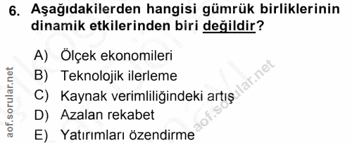 6. soru: Aşağıdakilerden hangisi gümrük birliklerinin dinamik etkilerinden biri değildir? A) Ölçek ekonomileri B) Teknolojik i…