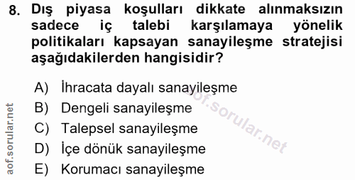 8. soru: Dış piyasa koşulları dikkate alınmaksızın sadece iç talebi karşılamaya yönelik politikaları kapsayan sanayileşme stra…