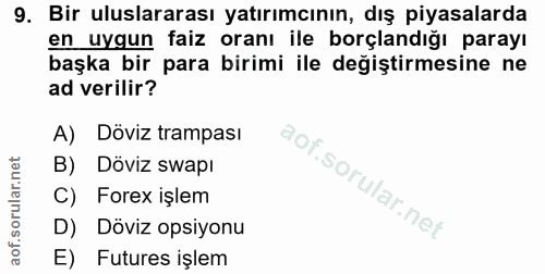 9. soru: Bir uluslararası yatırımcının, dış piyasalarda en uygun faiz oranı ile borçlandığı parayı başka bir para birimi ile d…
