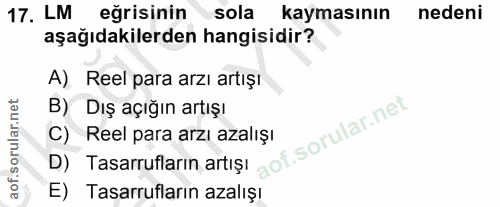 17. soru: LM eğrisinin sola kaymasının nedeni aşağıdakilerden hangisidir? A). Reel para arzı artışı B) Dış açığın artışı D) Tas…