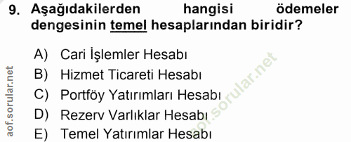 9. soru: Aşağıdakilerden hangisi ödemeler dengesinin temel hesaplarından biridir? A) Cari İşlemler Hesabı lar.ne B) Hizmet Tic…