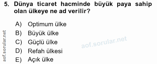 5. soru: Dünya ticaret hacminde büyük paya sahip olan ülkeye ne ad verilir? A) Optimum ülke B) Büyük ülke C) Güçlü ülke D) Ref…