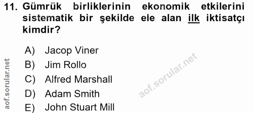 11. soru: Gümrük birliklerinin ekonomik etkilerini sistematik bir şekilde ele alan ilk iktisatçı kimdir? A) Jacop Viner B) Jim…