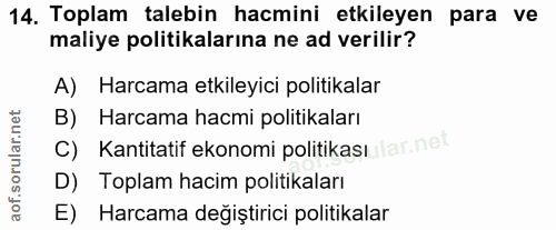 14. soru: Toplam talebin hacmini etkileyen para ve maliye politikalarına ne ad verilir? A) Harcama etkileyici politikalar B) Ha…