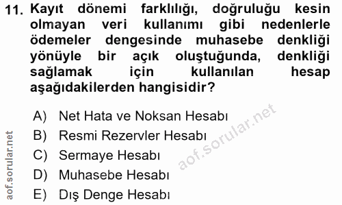 11. soru: Kayıt dönemi farklılığı, doğruluğu kesin olmayan veri kullanımı gibi nedenlerle ödemeler dengesinde muhasebe denkliği…
