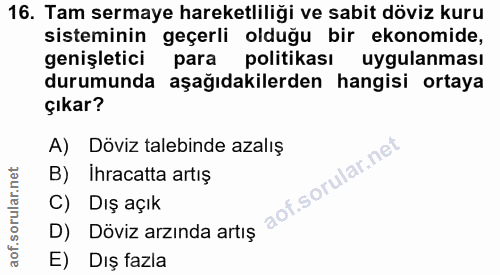 16. soru: Tam sermaye hareketliliği ve sabit döviz kuru sisteminin geçerli olduğu bir ekonomide, genişletici para politikası uy…