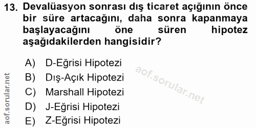 13. soru: Devalüasyon sonrası dış ticaret açığının önce bir süre artacağını, daha sonra kapanmaya başlayacağını öne süren hipot…
