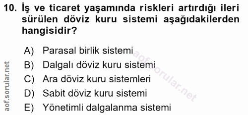 10. soru: İş ve ticaret yaşamında riskleri artırdığı ileri sürülen döviz kuru sistemi aşağıdakilerden hangisidir? A) Parasal bi…