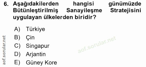 6. soru: Aşağıdakilerden hangisi günümüzde Bütünleştirilmiş Sanayileşme Stratejisini uygulayan ülkelerden biridir? A) Türkiye…