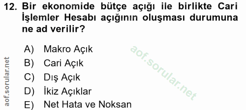 12. soru: Bir ekonomide bütçe açığı ile birlikte Cari İşlemler Hesabı açığının oluşması durumuna ne ad verilir? A) Makro Açık B…