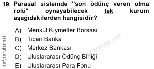 19. soru: Parasal sistemde "son ödünç veren olma rolü" oynayabilecek tek kurum aşağıdakilerden hangisidir? A) Menkul Kıymetler…