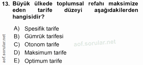 13. soru: Büyük ülkede toplumsal refahı maksimize eden tarife düzeyi aşağıdakilerden hangisidir? A) Spesifik tarife B) Gümrük t…