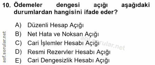 10. soru: Ödemeler dengesi açığı aşağıdaki durumlardan hangisini ifade eder? A) Düzenli Hesap Açığı B) Net Hata ve Noksan Açığı…