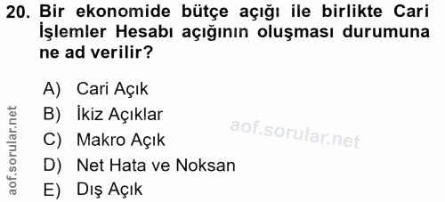 20. soru: Bir ekonomide bütçe açığı ile birlikte Cari İşlemler Hesabı açığının oluşması durumuna ne ad verilir? A) Cari Açık B)…