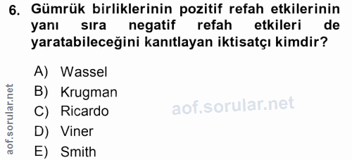 6. soru: Gümrük birliklerinin pozitif refah etkilerinin yanı sira negatif refah etkileri de yaratabileceğini kanıtlayan iktisa…