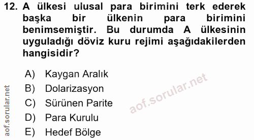12. soru: A ülkesi ulusal para birimini terk ederek başka bir ülkenin para birimini benimsemiştir. Bu durumda A ülkesinin uygul…