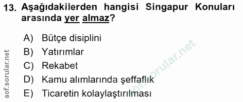 13. soru: Aşağıdakilerden hangisi Singapur Konuları arasında yer almaz? A) Bütçe disiplini lar.net B) Yatırımlar C) Rekabet D)…