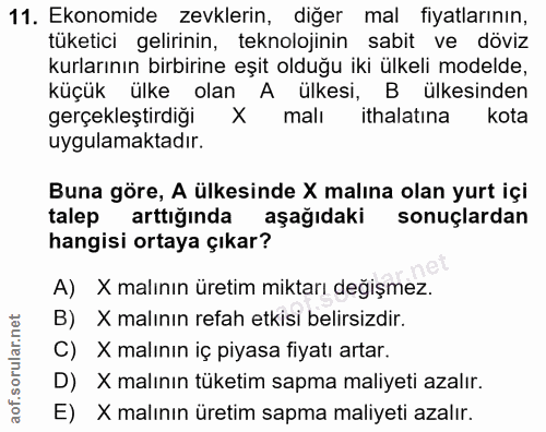 11. soru: Ekonomide zevklerin, diğer mal fiyatlarının, tüketici gelirinin, teknolojinin sabit ve döviz kurlarının birbirine eşi…