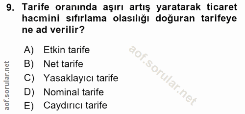 9. soru: Tarife oranında aşırı artış yaratarak ticaret hacmini sıfırlama olasılığı doğuran tarifeye ne ad verilir? A) Etkin ta…