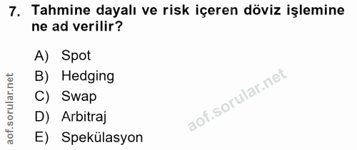 7. soru: Tahmine dayalı ve risk içeren döviz işlemine ne ad verilir? A) Spot B) Hedging C) Swap D) Arbitraj E) Spekülasyon
