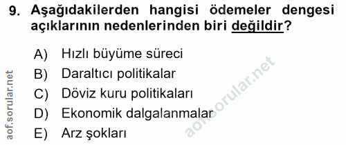 9. soru: Aşağıdakilerden hangisi ödemeler dengesi açıklarının nedenlerinden biri değildir? A) Hızlı büyüme süreci B) Daraltıcı…