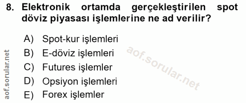8. soru: Elektronik ortamda gerçekleştirilen spot döviz piyasası işlemlerine ne ad verilir? A) Spot-kur işlemleri B) E-döviz i…