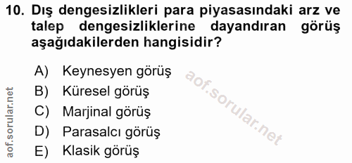 10. soru: Dış dengesizlikleri para piyasasındaki arz ve talep dengesizliklerine dayandıran görüş aşağıdakilerden hangisidir? A)…
