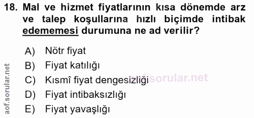 18. soru: Mal ve hizmet fiyatlarının kısa dönemde arz ve talep koşullarına hızlı biçimde intibak edememesi durumuna ne ad veril…