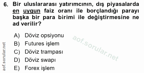 6. soru: Bir uluslararası yatırımcının, dış piyasalarda en uygun faiz oranı ile borçlandığı parayı başka bir para birimi ile d…